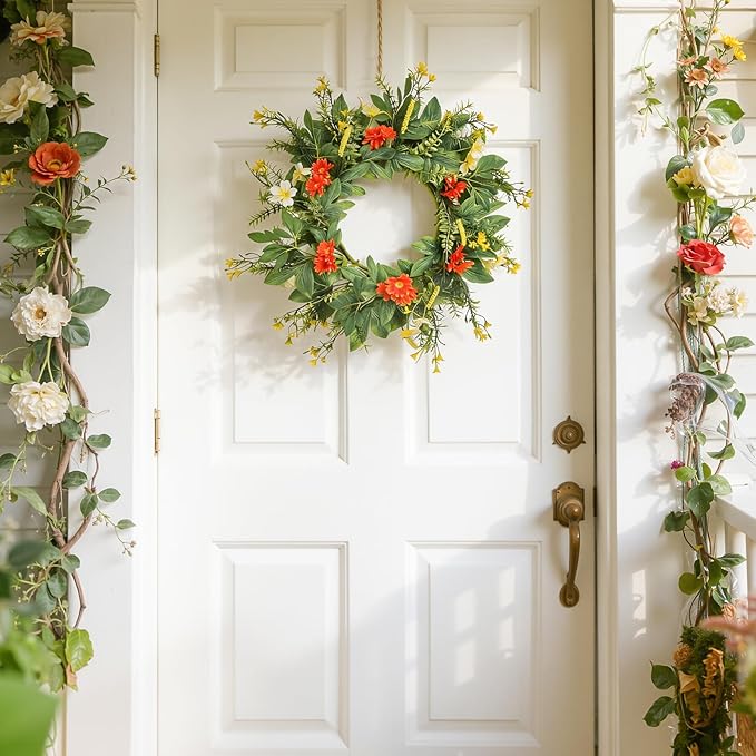 20 Inch Wreaths for Front Door, Spring Summer Flower Wreath - Red Daisy Artificial Flowers for Easter, Home Decor, Farmhouse Wall, Porch, Front Door Decorations