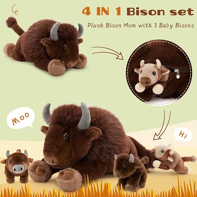 MorisMos 4Pcs Bison Stuffed Animal, 18inch Bison Mommy with 3 Baby Plush Toy, Soft Buffalo Wild Stuffed Animals Gift for Kids, Boys, Girls