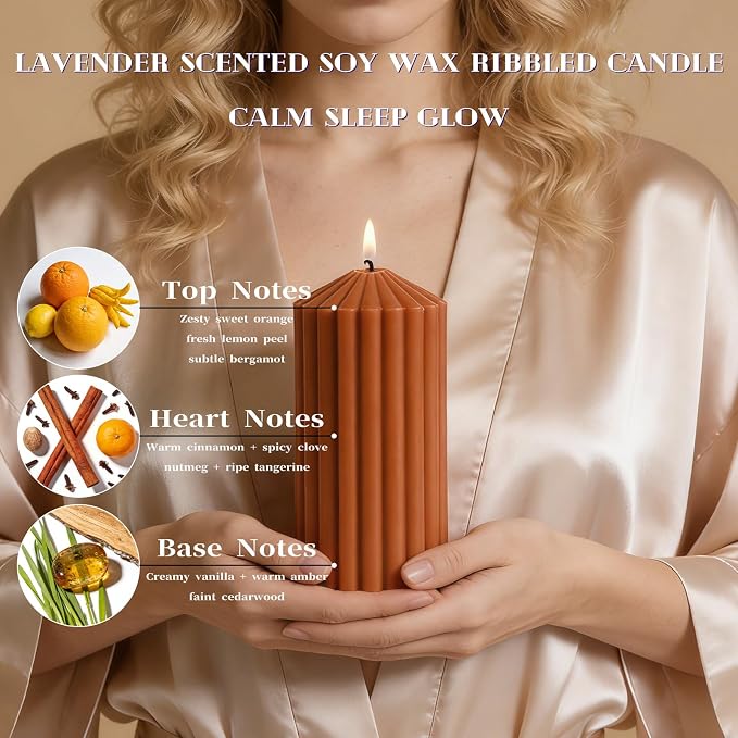 Burnt Orange Ribbed Pillar Candles Set of 3-Spiced Orange,Cinnamon & Clove Scented Soy Wax，Aesthetic Retro Textured Pillars-2.8x4,6,8in,High-Low Trio for Boho Home Decor,Spa & Gifting