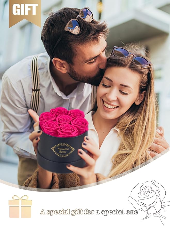 Beaulasting Long Lasting Preserved Roses in a Box Last a Year Forever Flowers for Her Mom Wife Anniversary Birthday (Round Black Box, Hot Pink)