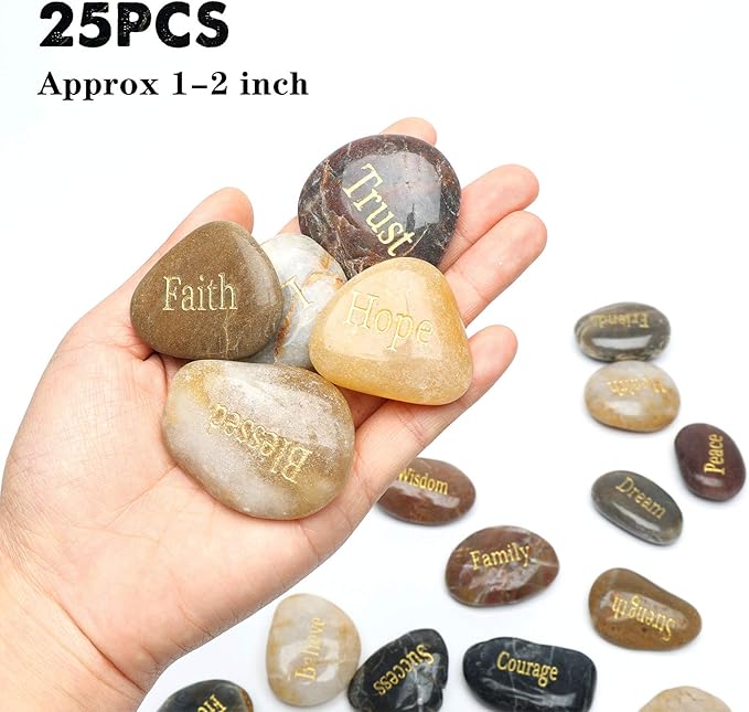 BigOtters 25PCS Inspirational Rocks - Encouragement Stones with Engraved Words for Meditation, Home Office Decor & Birthday, Gratitude Women Gifts