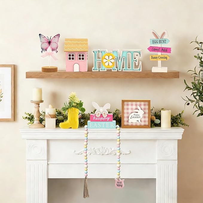 Spring Easter Decorations 8 Pieces Tiered Tray Decor Set, Cute Tabletop Easter Spring Décor for Home Shelf Mantel Office Table Coffee Bar Indoor Holiday Decoration Ornament Tray Objects