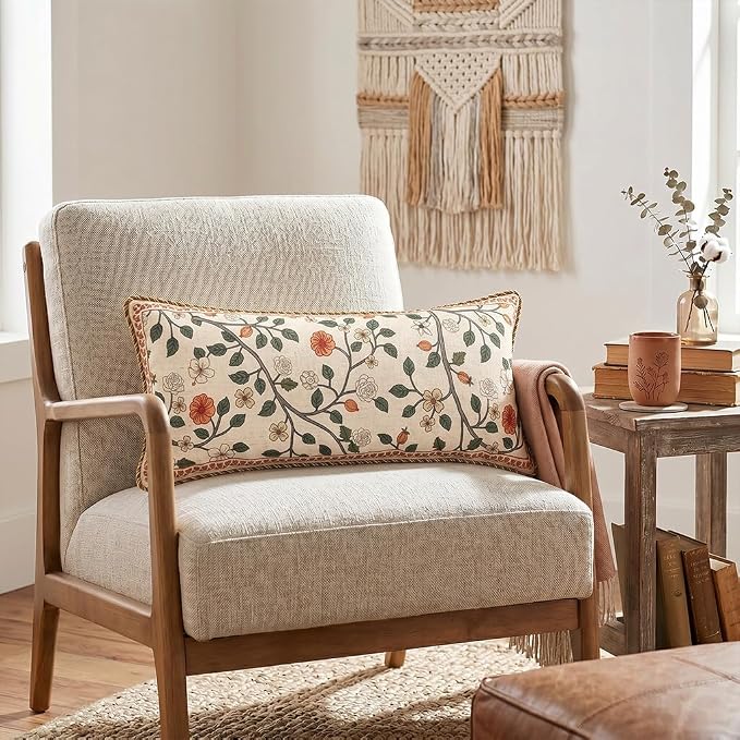 ISAENNE Designer Elegant Vintage Linen Throw Pillow Cover,28"x12"-Flora A | French Rectangle Decor Pillow Cover,Concealed Zipper Design,Floral Pattern,Sofa,Bedroom,Living Room,Lounge Chairs
