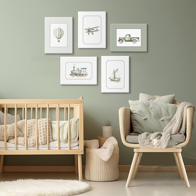 Sage Green Nursery Wall Art Boys Room Canvas Poster Kids Wall Decor Vintage Vehicle Prints Baby Toddler Pictures Transportation Plane Painting Train Truck Artwork for Bedroom 8x10 Inch Ready to Hang