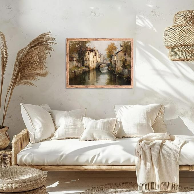 KBBYT Large Framed Wall Art European Canal Landscape Poster Canvas Print Vintage Rustic Farmhouse Painting Pictures Wall Decor Aesthetics for Living Room Apartment Decoration 24x36inch Wood Framed