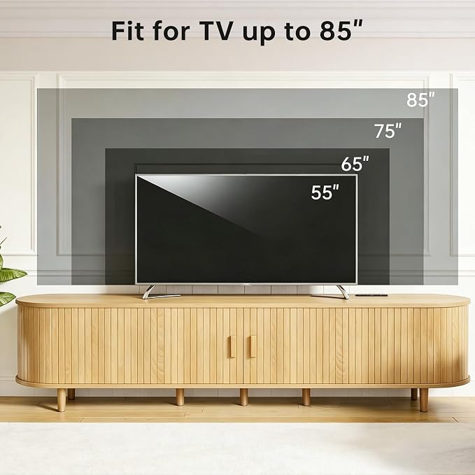 80" Mid Century Modern TV Stand, Wood TV Consoles with Sliding Doors and Power Outlet, Entertainment Center with Adjustable Shelves, Fluted TV Stands for Living Room, Oak