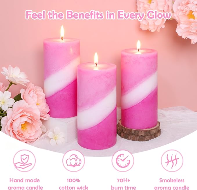 French Rose Scented Pillar Candles, 100% Cotton Core Handmade Striped Paraffin Wax Candles Decorative for Home Wedding Dating, 70H+ Burn Time|1PC, 3x6 Inch Set of 3