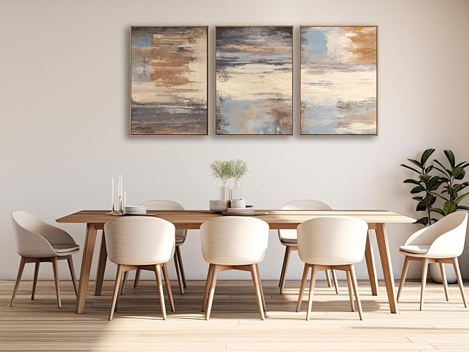 Large Framed Canvas Wall Art - Natural Float Framed Colorful Pictures for Living Room Decor Contemporary Brown Beige Grey Lines Artwork for Bedroom Kitchen Home Office Decoration 60" X 28" Set of 3