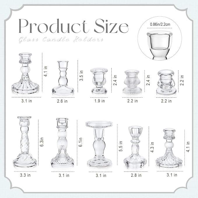 Mumufy 10 Pcs Glass Crystal Taper Candle Holders Clear Glass Candlestick Holder Fit 0.8 Inch Candles Crystal Decorative Candle Stand Centerpiece Table Wedding Dining Party (Classic,Clear)