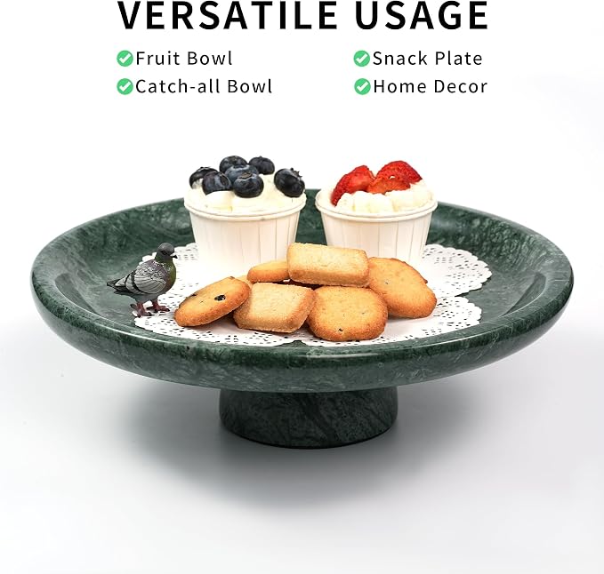 Marble Fruit Bowl for Kitchen - 11.8" Green Decorative Stone Pedestal Bowls for Home Decor, Footed Fruits Holder For Dining Table Counter Organization