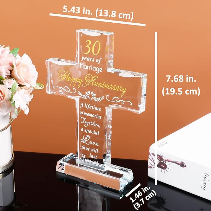 YWHL 30 Years Anniversary Cross Gifts for Wife Him Her, 30th Wedding Anniversary Meaningful Gifts for Couples, Glass Cross Keepsake with Standing Base, 30 Years of Marriage Gift