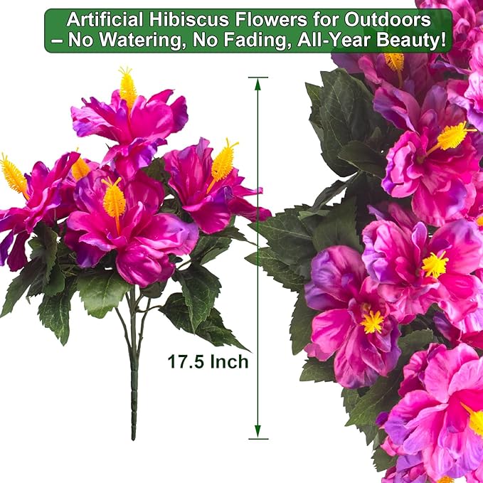 Grunyia Artificial Hibiscus Flowers for Outdoors, Silk Tropical Flowers, UV Resistant Faux Plants, 5 Bundles for Planter Patio Porch Garden (Fuchsia)