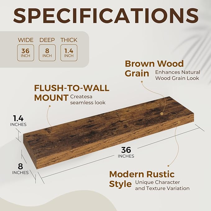 Dreamland 36Inch Floating Shelves for Wall 8" Deep Rustic Brown Set of 2 | Wall shelves for bathroom, bedroom, kitchen, deep wall mount wood storage display for home decor 36" x 8"