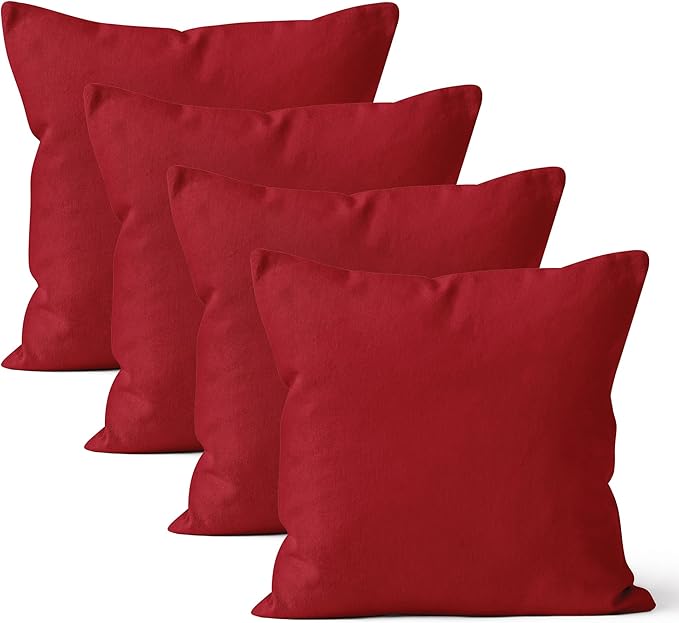 Encasa XO Throw Pillow Covers 18x18 in Set of 4 Deep Red | No Inserts | Cotton Pillow Covers for Living Room, Bed, Sofa, Couch | Decorative Cushion Covers with Improved Zipper