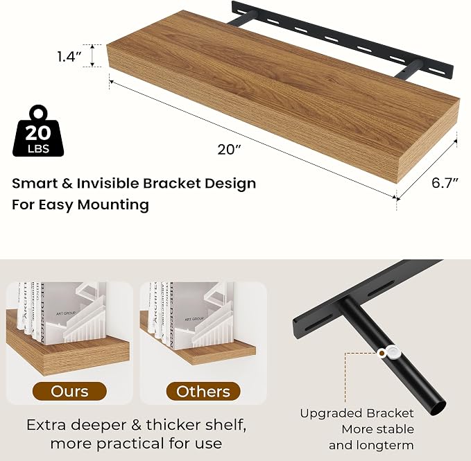 Dreamland 20Inch Walnut Floating Shelves 6.7" Deep Wall Mounted Set of 2 | Wall shelves for bathroom, bedroom, Living Room, kitchen, deep wall mount wood storage display for home decor 20" x 6.7"