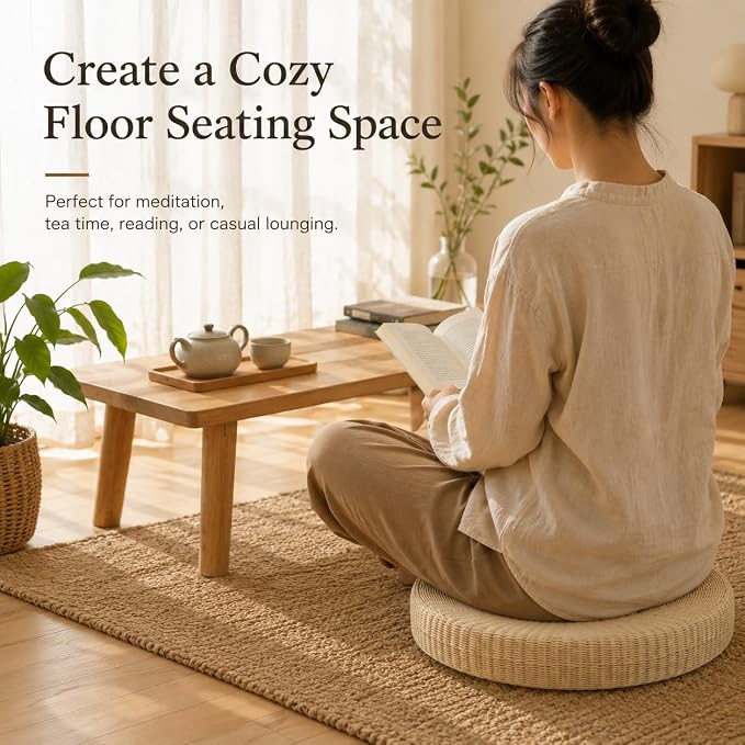Round Tatami Floor Pillow, Handwoven Natural Straw Seat | Artisan Crafted, EPE Filling, Dia19.7", Comfortable Support, Boho, Lightweight, for Livng Room Meditation Reading Nook Patio