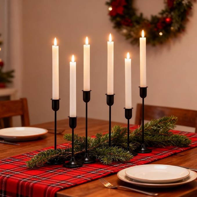 Black Taper Candle Holder 6 PCS, Vintage Candle Stick Candlestick Holders | Flameless Candle Holder Modern Decorative Table Centerpiece, Cozy Atmosphere for Home Decor, Wedding, Candlelit Dinner Party