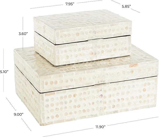 Deco 79 Mother of Pearl Shell Geometric Handmade Decorative Box Mosaic Dot Storage Decorative Keepsake Box with Brown Accents, Set of 2 Storage Box 12", 8"W, Cream