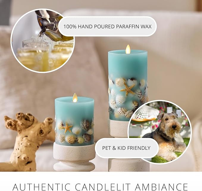 Luminara Flameless LED Candle Soft Teal Embedded Seashell & Starfish Moving Flame Pillar Unscented Real Wax with Recessed Edge, Timer (4.5-inch)