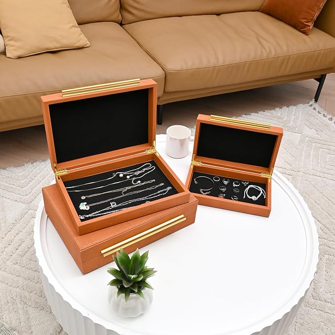 DECOR4SEASON Faux Shagreen Decorative Storage Boxes – Set of 3 Stackable Jewelry Organizers with Gold Metal Handles & Velvet Lining, Modern Burn Orange Box for Vanity, Entryway & Coffee Table Décor
