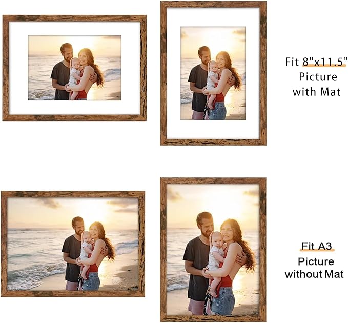 Picrit A3 Picture Frame Set of 12, Display 8.3x11.7 with Mat or 11.7 x 16.5 without Mat, Photo Frames for Wall Mounting Display, Brown