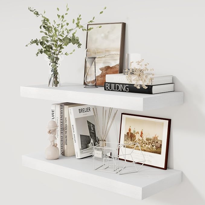 Fun Memories White Floating Shelves 30 x 12 Inch, Deep Floating Shelf Wall Mounted, 12" Deep Wall Shelves for Books, Bathroom, Bedroom, Kitchen, Thicked Shelves for Home Storage & Display, Set of 2