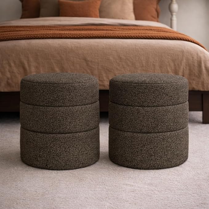 HomePop Upholstered Round Ottoman (No Lid, Seat Only) | HomePop Home Décor | Round Pouf Foot Rest – Dark Brown Boucle