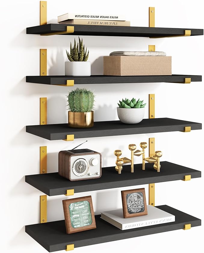 Fixwal Floating Black Gold Shelves Set of 5, Width 4.7 Inches, Rustic Wood Wall Storage Shelves for Bedroom, Living Room, Kitchen, Bathroom, Home Decor, Laundry Room, Office and Plants