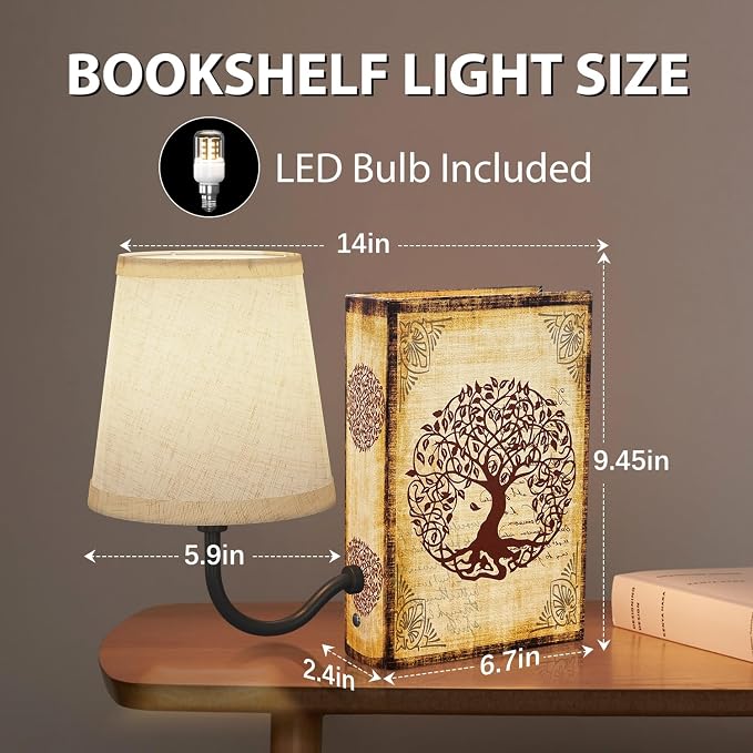 Vintage Bookshelf Lamp Rechargeable, Cordless Book Lamp with Linen Shade, Dimmable Touch Control Table Lamp, Modern Decorative Bookend, Bookshelf Lights for Office Home, Library, Study