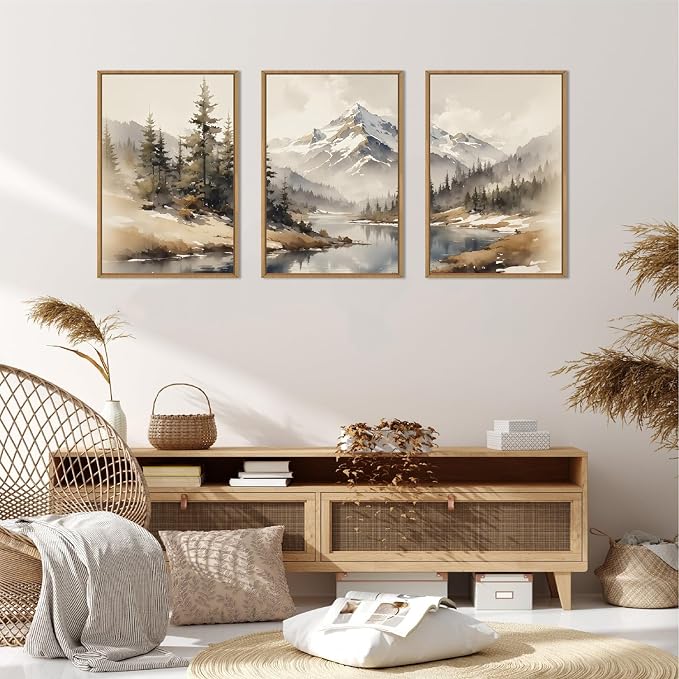 Watercolor Misty Mountain Framed Canvas Wall Art Set, Foggy Pine Tree Wall Decor, Winter Landscape Wall Painting, Nature Snowy Forest Art Print for Living Room, Bedroom, Office -24"X36"X3