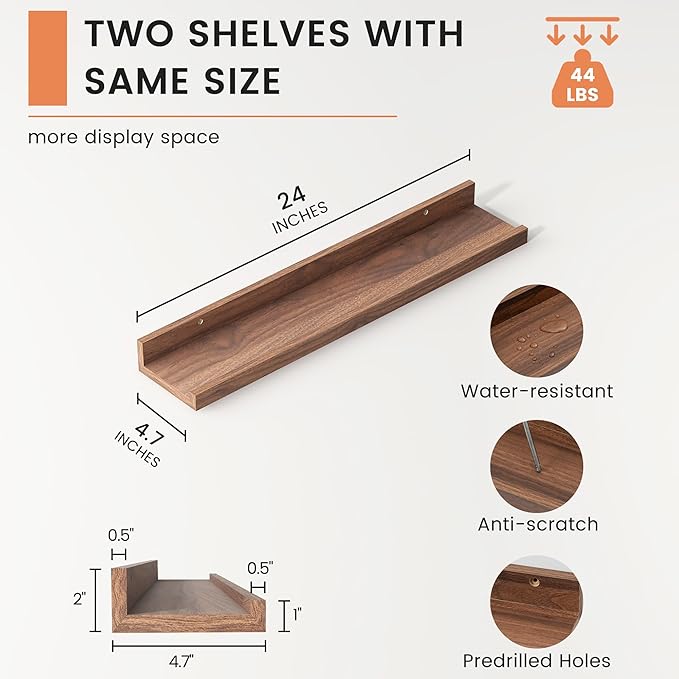 FLYJOE Picture Ledge Shelf, Floating Shelves Set of 2, 24 Inches Nursery Book Shelves for Toys Storage, Kids Bookshelf Wall Mounted for Living Room Bedroom Decor Books Photo Frames, Walnut