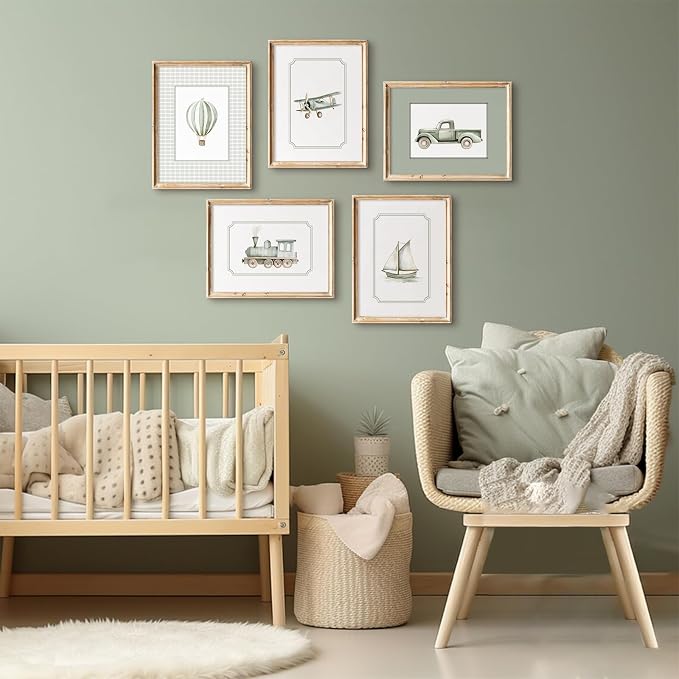 Sage Green Nursery Wall Art Boys Room Canvas Poster Kids Wall Decor Vintage Vehicle Prints Baby Toddler Pictures Transportation Plane Painting Train Truck Artwork for Bedroom 8x10 Inch Unframed