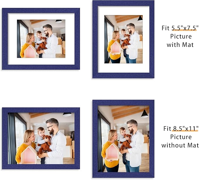 Picrit 8.5x11 Picture Frame Set of 12, Display 6x8 with Mat or 8.5 x 11 without Mat, Photo Frames for Wall Mounting or Table Top Display, Navy Blue