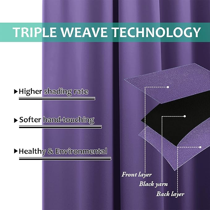 NICETOWN 100% Blackout Curtains with Black Liners, Thermal Insulated Full Blackout 2-Layer Lined Drapes, Noise Cancellation Window Draperies for Dining Room (Lilac Purple, 2 Panels, 55" W by 57" L)