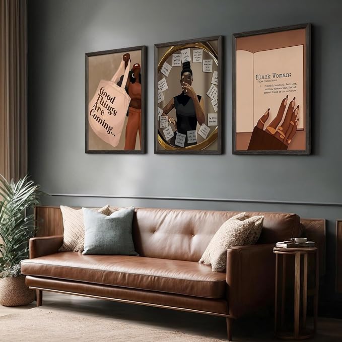 Black Girl Wall Art African American Woman Canvas Wall Decor Black Female Wall Art Fashion Women Poster Feminine Boho Pictures Abstract People Paintings for Bedroom Bathroom 16x24 Inch Framed Set of 3