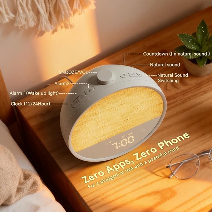 Vivilumens Sunrise Alarm Clock, Gentle Wake-Up Light & Sound Machine, Dual Alarms for Heavy Sleepers Adults, Natural Sounds, RGB Mood Light, Dimmable Bedside Night Lamp Ideal for Bedroom & Gifts
