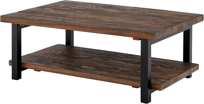 Alaterre Furniture Pomona Solid Wood Coffee Table, Rustic Brown, 48” | Large Rectangular Center Table with Storage Shelf and Metal Legs, Rustic Industrial Farmhouse Living Room Table