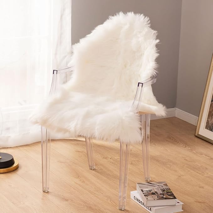 Carvapet Luxury White Faux Sheepskin Chair Cover Seat Cushion - 2x3ft Soft Plush Fur Desk Armchair Pad, Washable Shaggy Bedside Rug for Bedroom