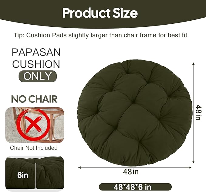 idee-home Papasan Chair Cushion, Circle Papasan Chair Cushion(Cushion Only) | Papasan Cushion with Thick Corduroy Cover, 48 x 48 Inch Cushion for Egg Chair, Green