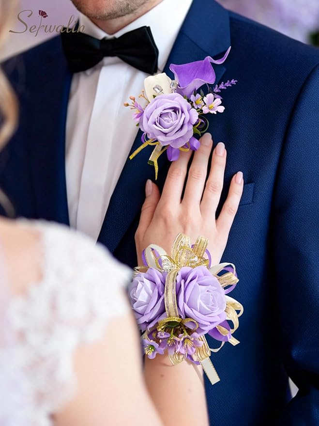 Serwalin Purple Prom Corsage and Boutonniere Set, Artificial Calla Lily Rose Wrist Corsage Wristlet for Homecoming, Formal Dance, Wedding Flowers Accessories Party Suit Decorations