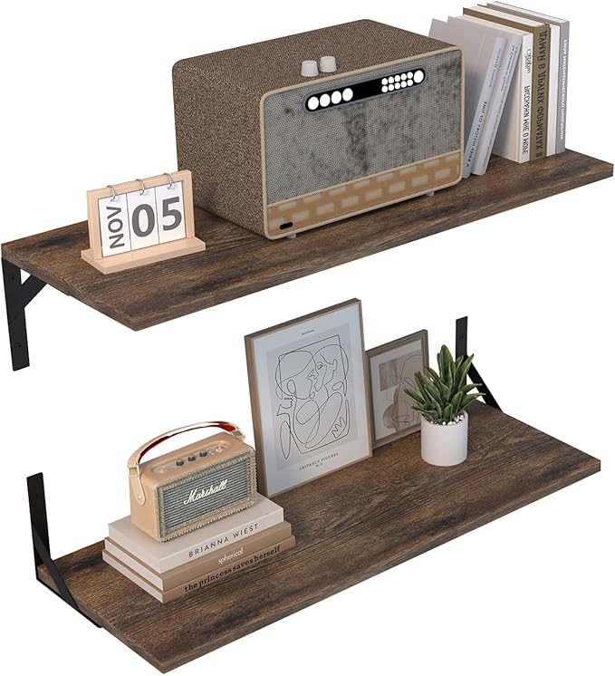 Large Wall Shelves, 31.5" W x 12" D Long Floating Shelves Set of 2, Wide Display Wood Shelf Wall Mounted with Heavy-Duty Metal Brackets for Bedroom Books, Living Room, Kitchen, Rustic Brown