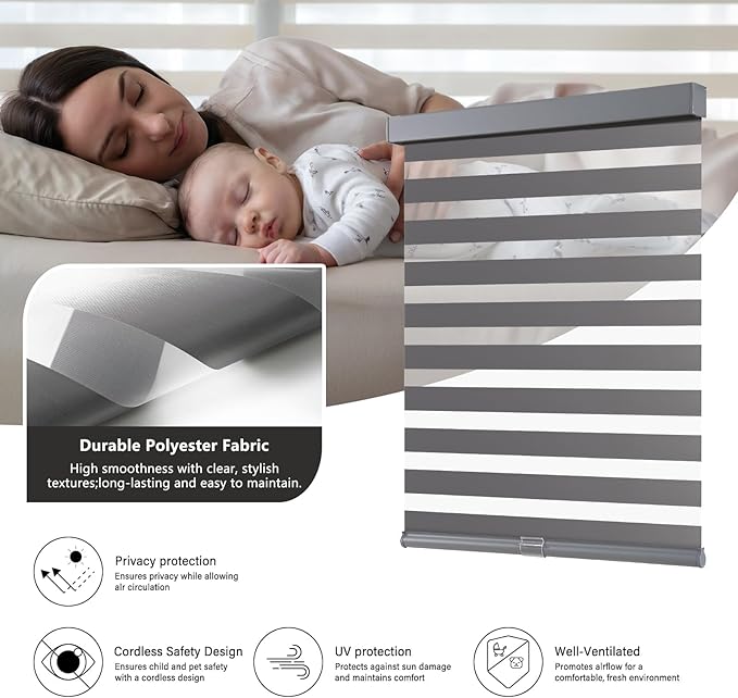 AOSKY Cordless Zebra Blinds for Windows Pull Down Roller Window Shades Dual Layer Light Filtering Privacy for Day and Night, Free-Stop Door Shades for Home Easy to Install (34.5" W X 72" H，Grey)
