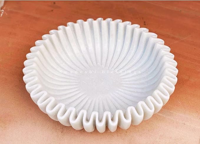 SWADESHI BLESSINGS HandCrafted Marble Ruffle Bowl/Antique Scallop Bowl/Fruit Bowl/Vintage Ring Dish/Decorative Flower Dish/HouseWarming Gift/Wedding Gifts/Urli (12 Inches)