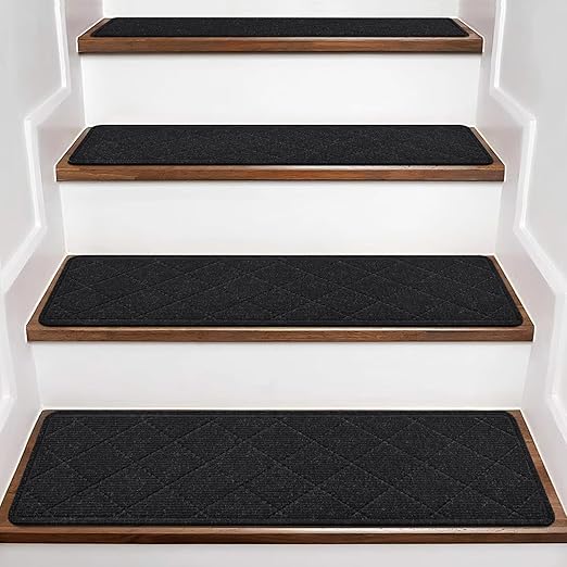 Stair Treads for Wooden Steps, 15 Pack 9" X 30" Non Slip Carpet Stair Treads Indoor with Reusable Adhesive for Kids Elders and Dogs, Surface Polyester TPR Backing Stair Runner Rugs, Black