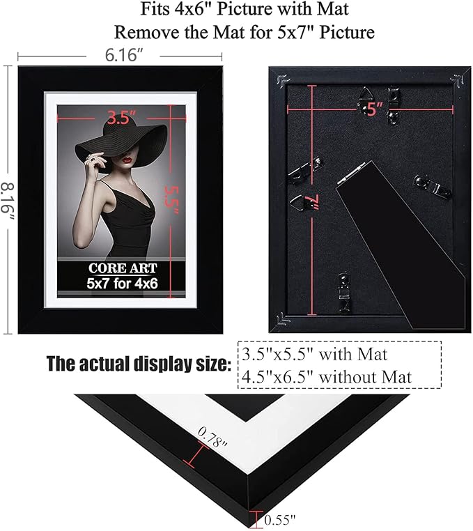 CORE ART 5x7 Black Picture Frame Set of 4,Display Pictures 4x6 with Mat or 5 x 7 without Mat,Multi Photo Frames Collage for Wall or Tabletop Display