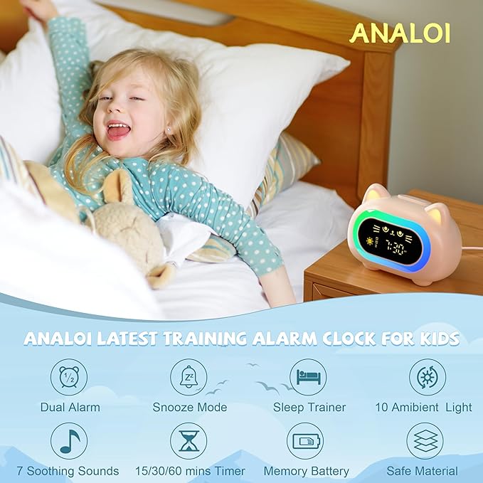 ANALOI Alarm Clock for Kids, Ok to Wake Clock for Kids with Eye Protection Sleep Training Auto Off Feature 10 Night Light Dual Alarm, Kids Alarm Clock Cute Cat Gifts for Girls