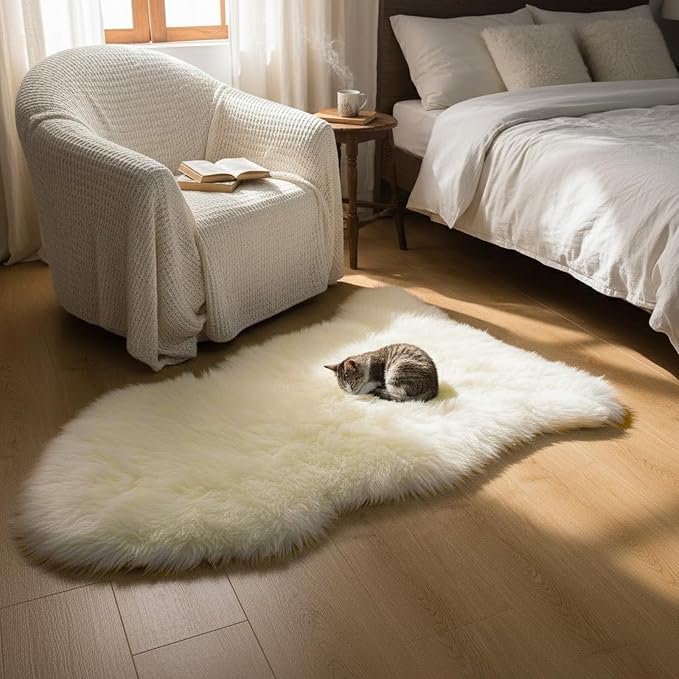 Genuine Sheepskin Rug New Zealand Fluffy Lambskin Rug, Natural Luxury Sheepskin Throw for Bedroom Living Room Children's Room - Premium Area Rug Chair Cover (2×3 Feet, Cream White)
