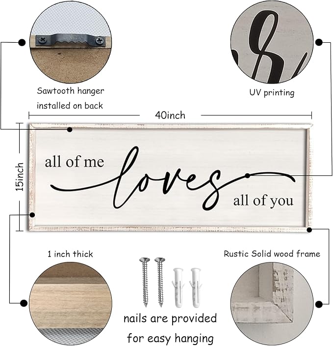 All Of Me Loves All Of You Wall Decor 40''×15'' Large Vintage Framed Wooden Plaque Modern Master Bedroom Above Over Bed sign Farmhouse Plaque Art Home Love Quotes Wall Hanging Decor (White)
