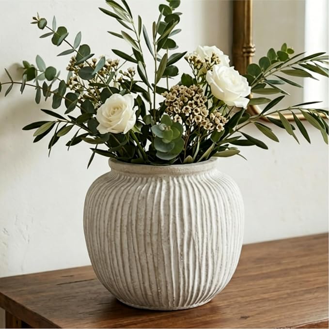 Oakrain Large Rustic Decorative Vase, 9" Distressed Round Floor Vase for Home Decor, Farmhouse Centerpieces Planters for Living Room Indoor Outdoor Use, Vintage White