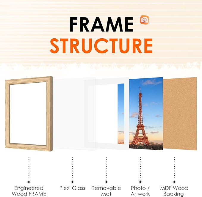 FIXSMITH 11x17 Picture Frame Natural Set of 2, Photo Frame with HD Plexiglass, Display Pictures 9x15 with Mat or 11x17 Without Mat, Natural Picture Frames Collage Wall Decor, Gallary Wall Frame